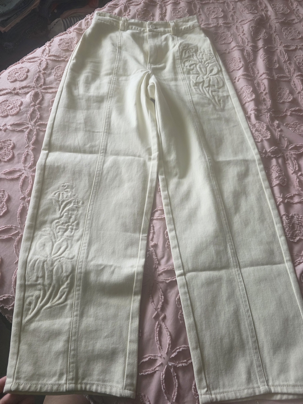 Women's Cream Wide-Leg Embroidered Pants